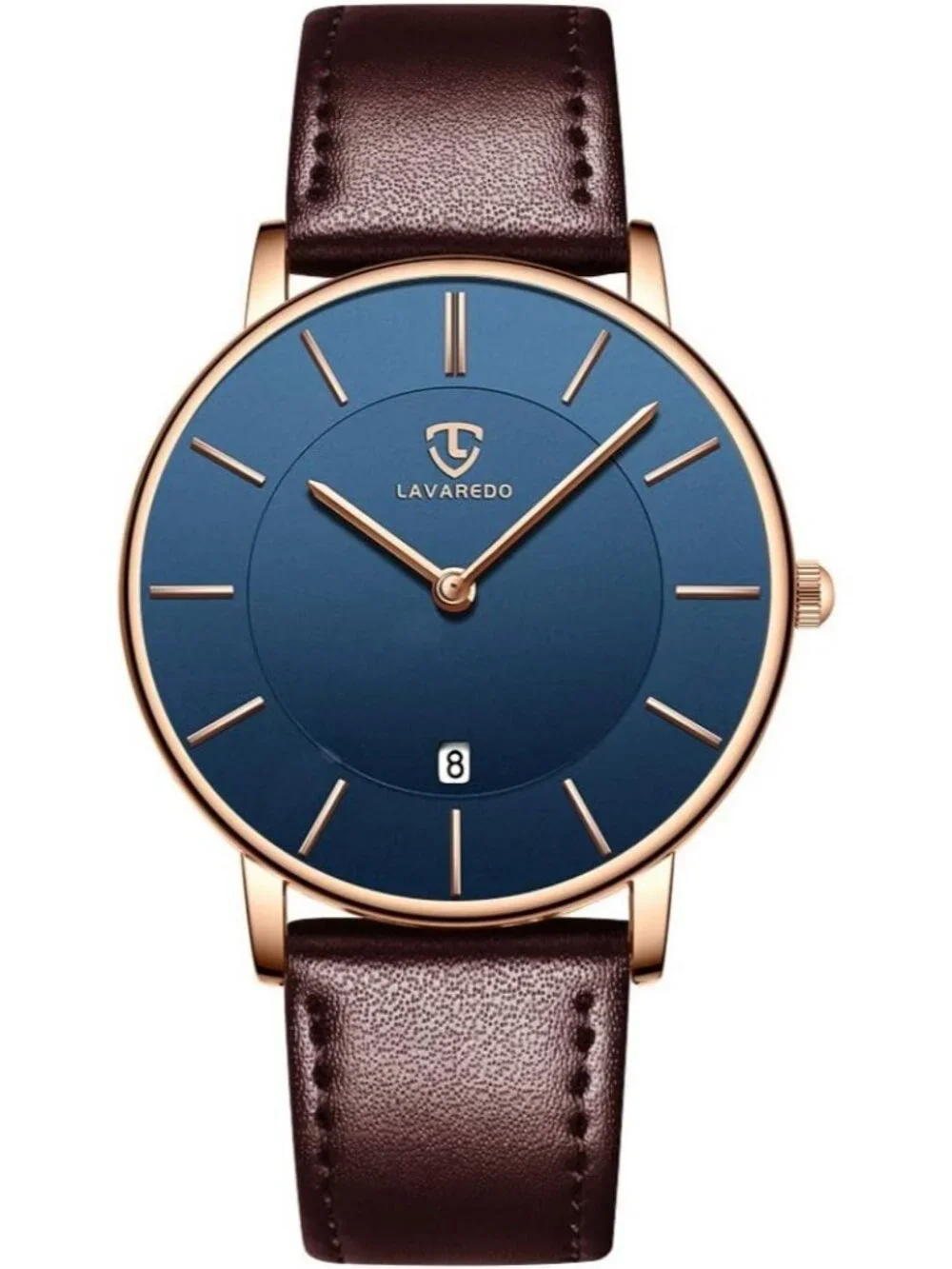 Mens Blue Brown Leather Strap Analog Minimalist Fashion Simple Round Wrist Watch