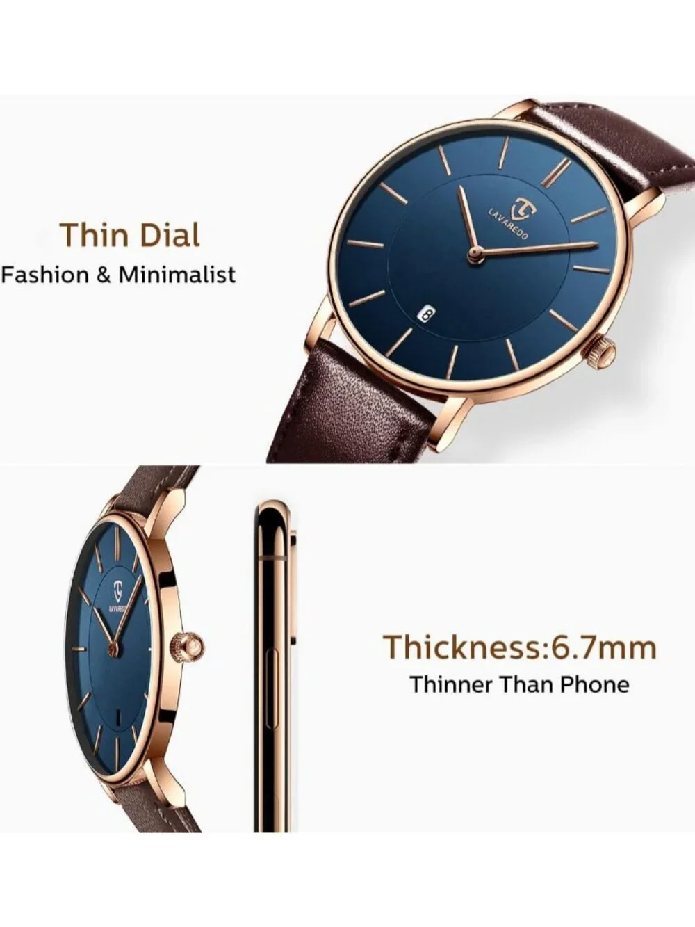 Mens Blue Brown Leather Strap Analog Minimalist Fashion Simple Round Wrist Watch