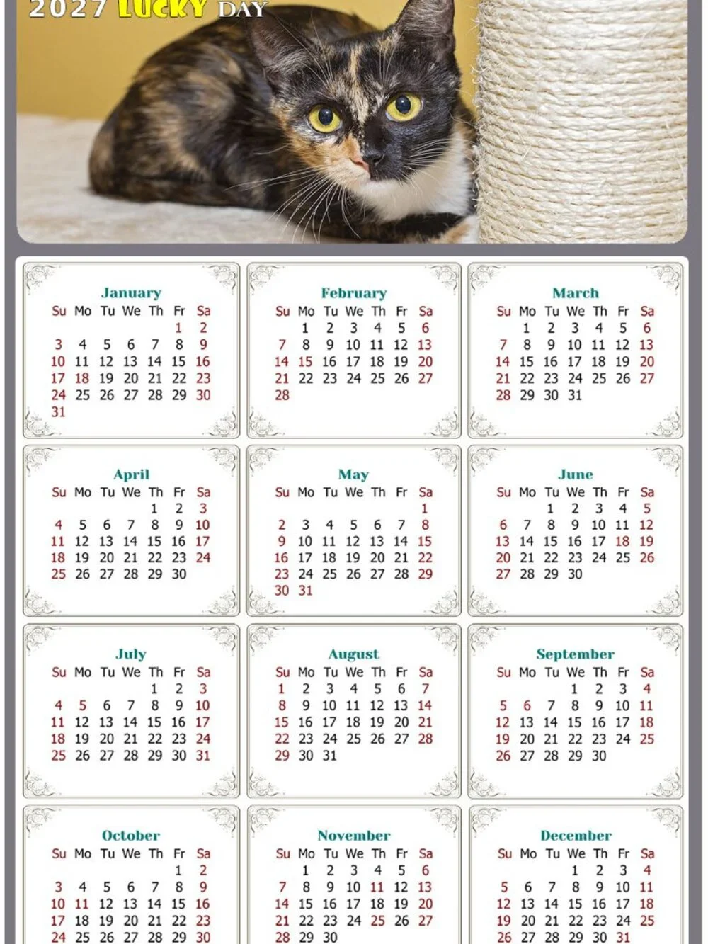 2027 Magnetic Calendar - Today is my Lucky Day - Cat Themed 024 (7 x 10.5)