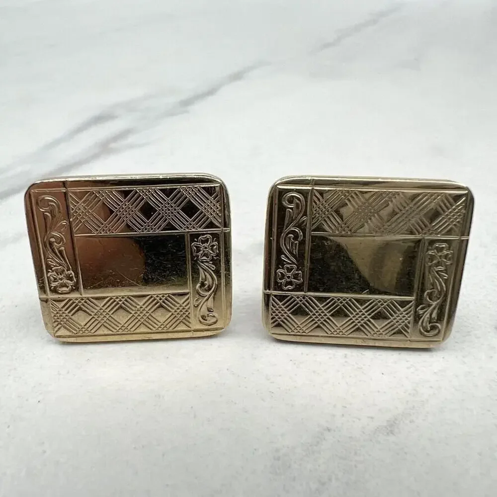 Vintage Gold Tone Floral Vine Scroll Engraved Etched Cufflinks