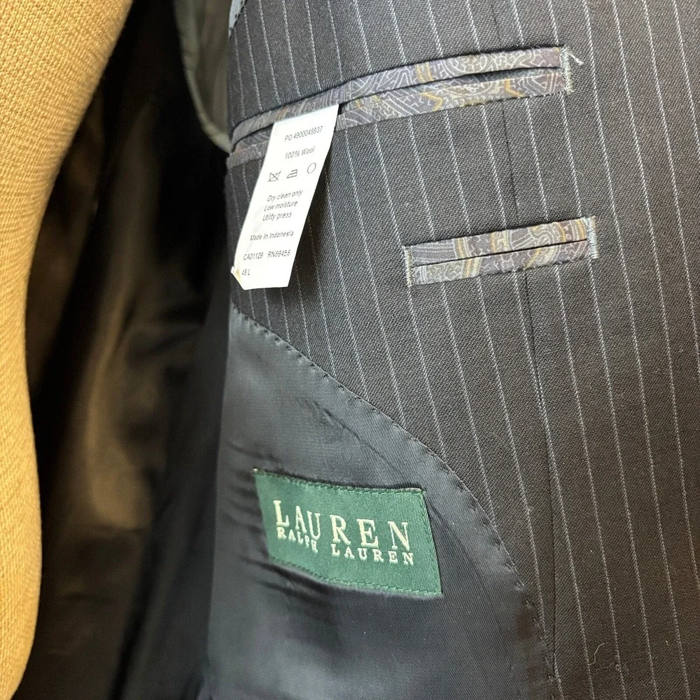 Ralph Lauren‎ Pinstripe Suit Set Wool 2-Button Blazer 48 L Pants 36x32.5 MINT