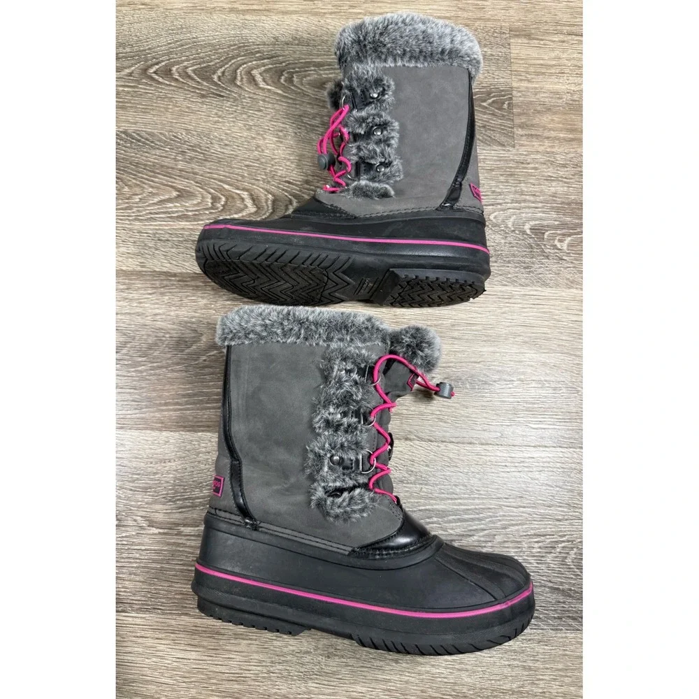 London Fog Hackney Girls Winter Boots Grey Pink Faux Fur Size 4 Y2K Snow Bunny