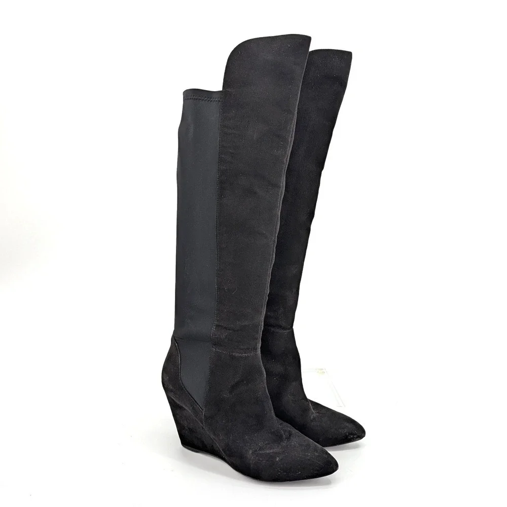 Charles David Womens‎ Black Suede Stretch Over The Knee Wedge Boots 7.5