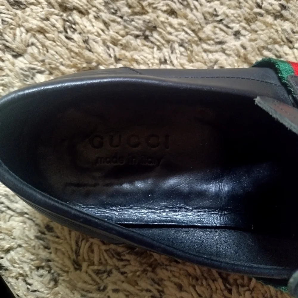 GUCCI FLAG Black Leather Boat Deck Loafers sz 9