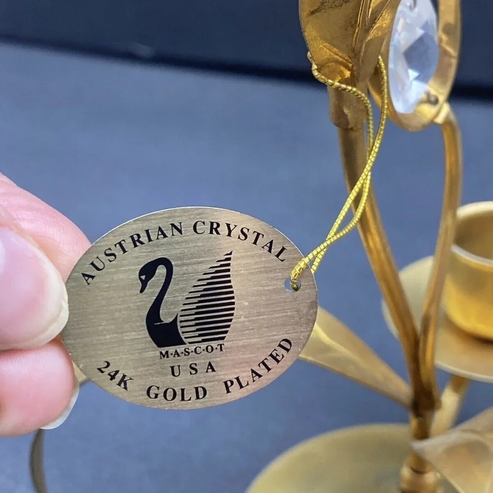 90s MASCOT USA Austrian Crystal Hummingbird Candle Holder 24K Gold Plated 8