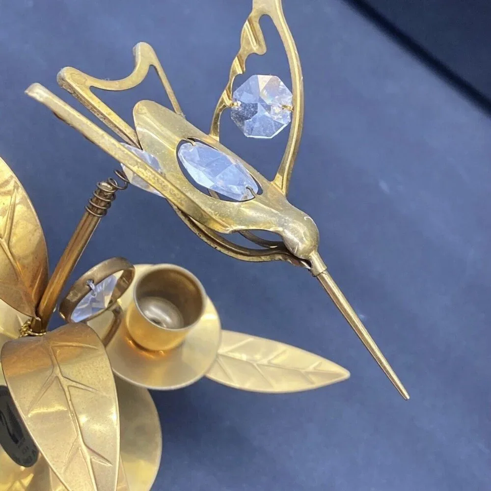 90s MASCOT USA Austrian Crystal Hummingbird Candle Holder 24K Gold Plated 8