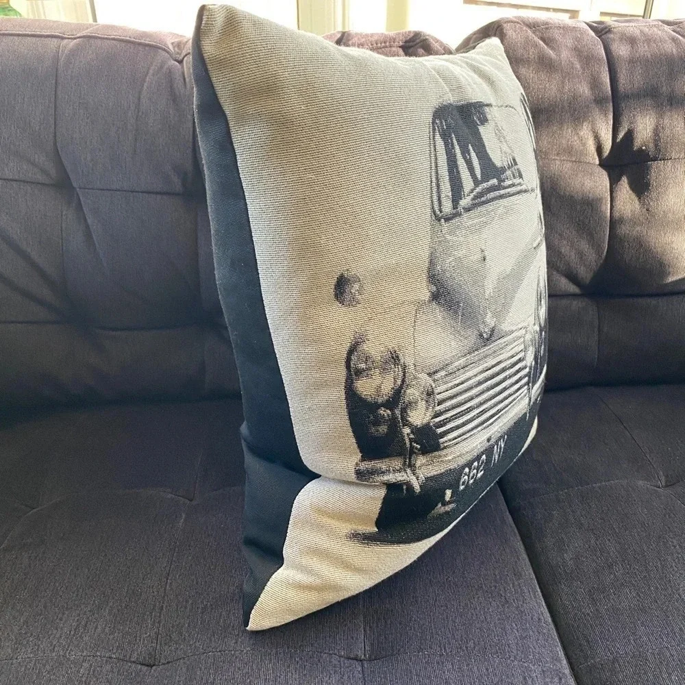 Rare Accent Pillow with Vintage Farm Truck Black and Cream 15” Rustic Farmhouse