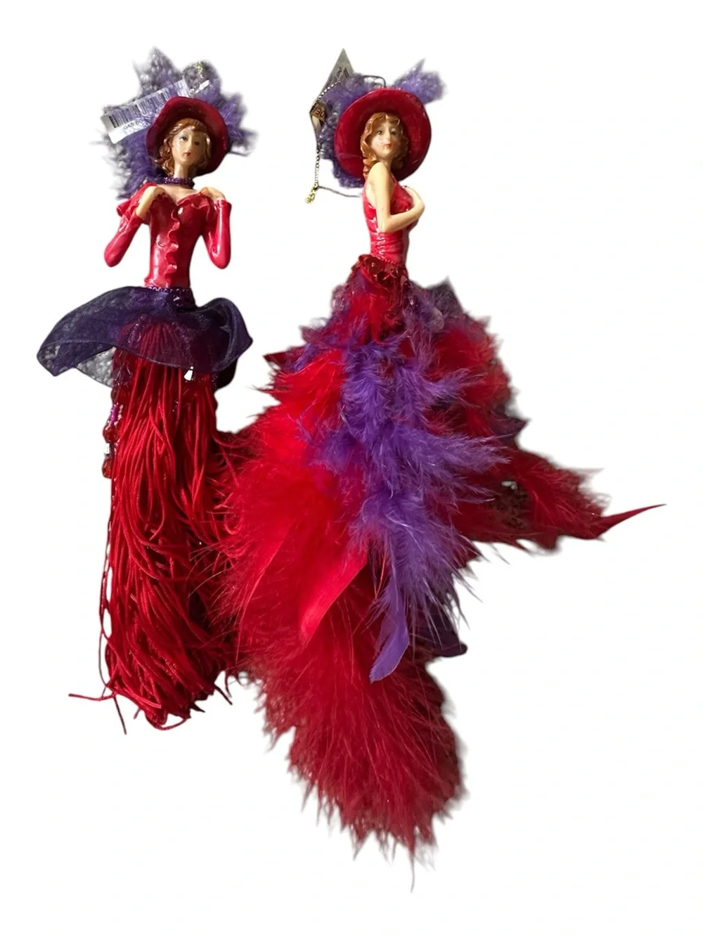Red Hat Society Ornaments Red and Purple Feathered Doll Pair