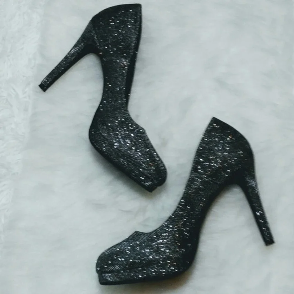 Fioni Night Glitter Platform Stiletto Heels Gray Sparkly Pumps Party Size 9