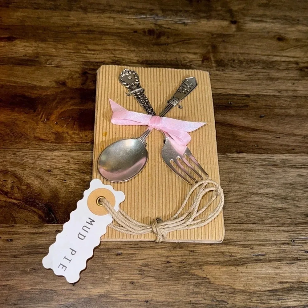 MUD PIE Children’s Girl Feeding Fork Spoon Set Sweet Baby Love You Pink Ribbon