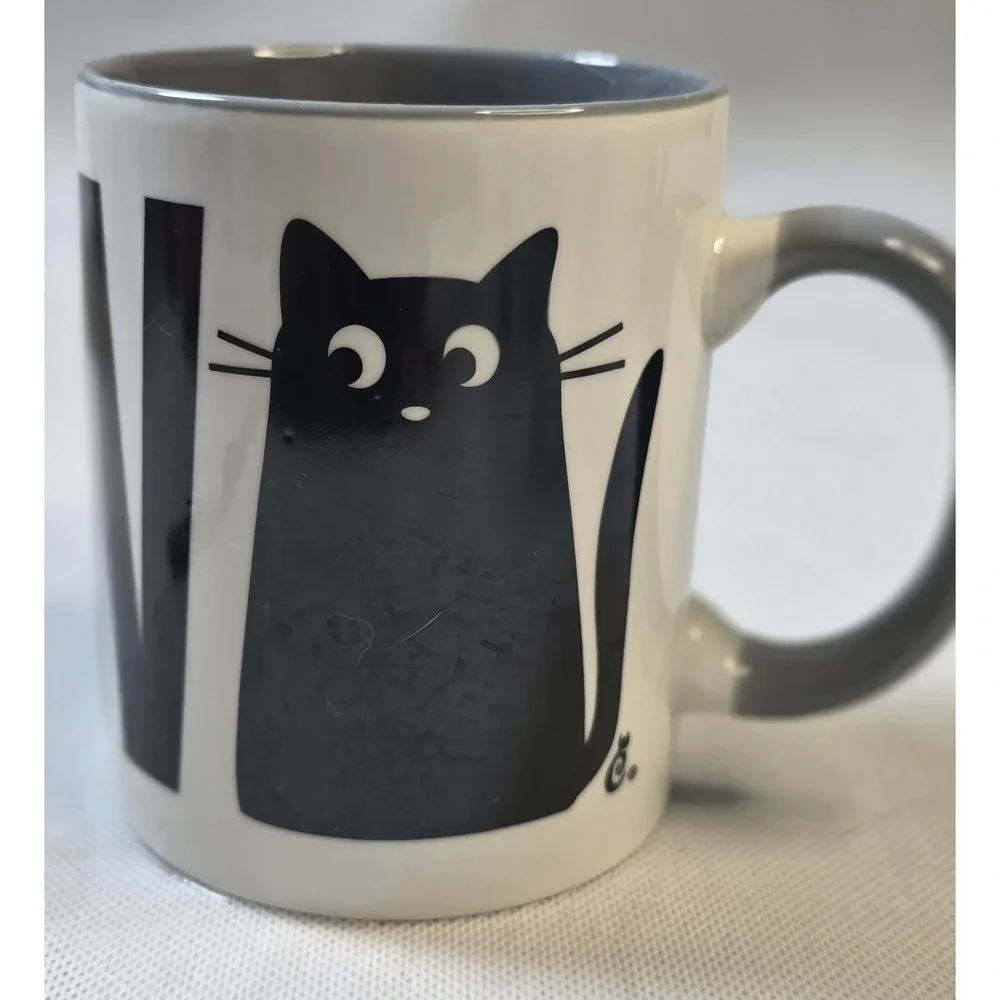 Cat Lady Box MEOW Black Cat Coffee Mug with Grey Handle,gift