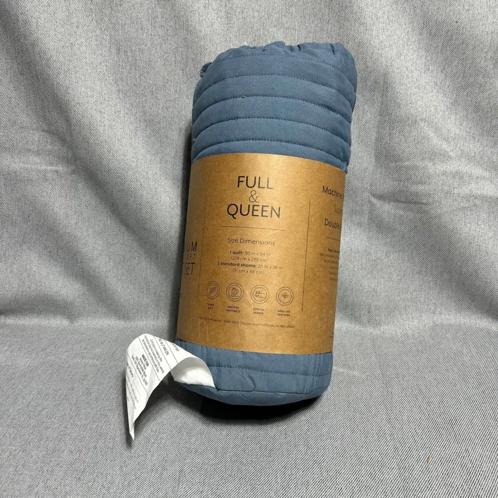 Premium Soft Quilt Set Full Queen Blue Double Brushed 3 Piece Bedding