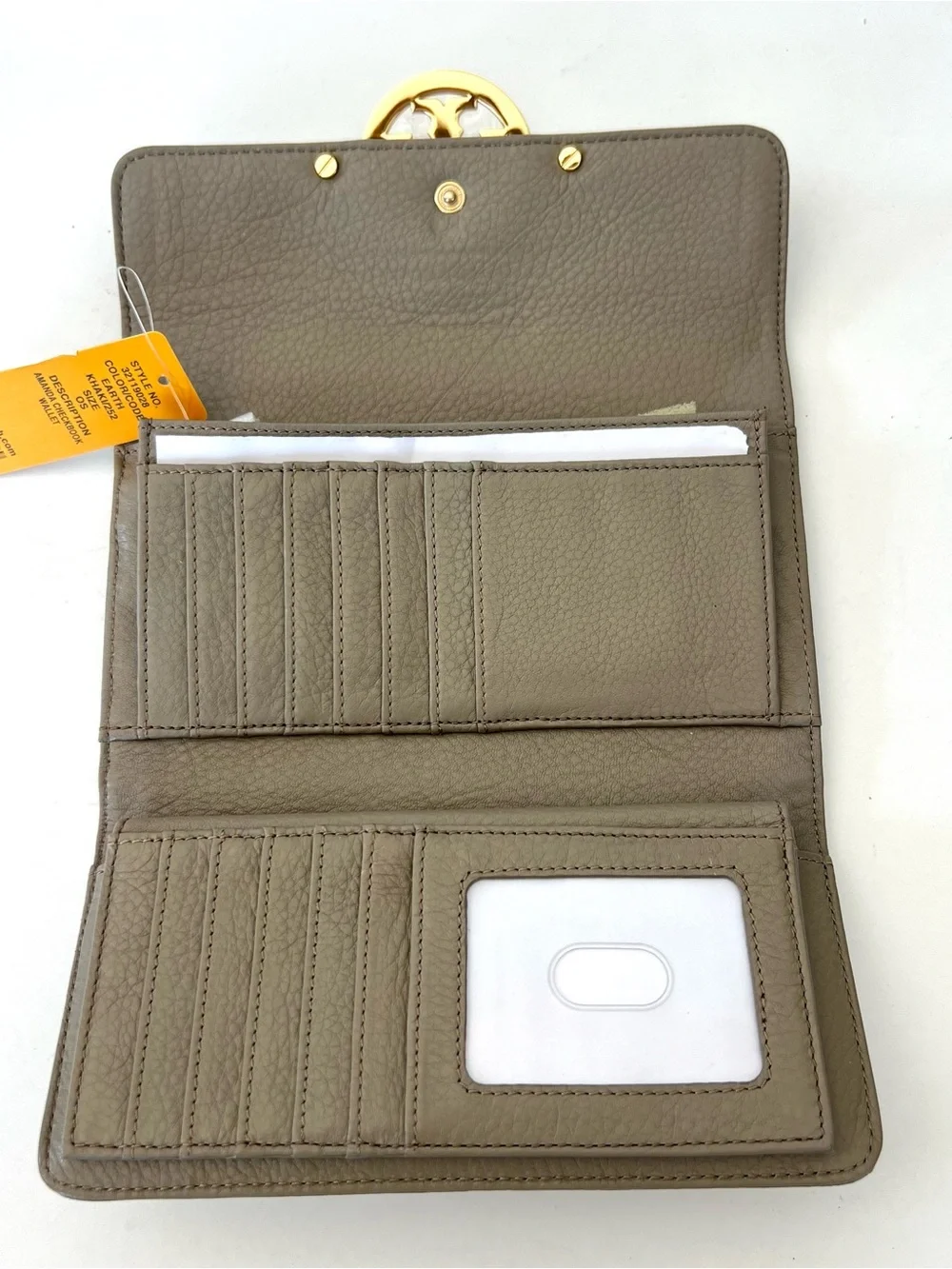 TORY BURCH Amanda Checkbook Khaki Pebbled leather Gold-tone Logo Wallet NWT