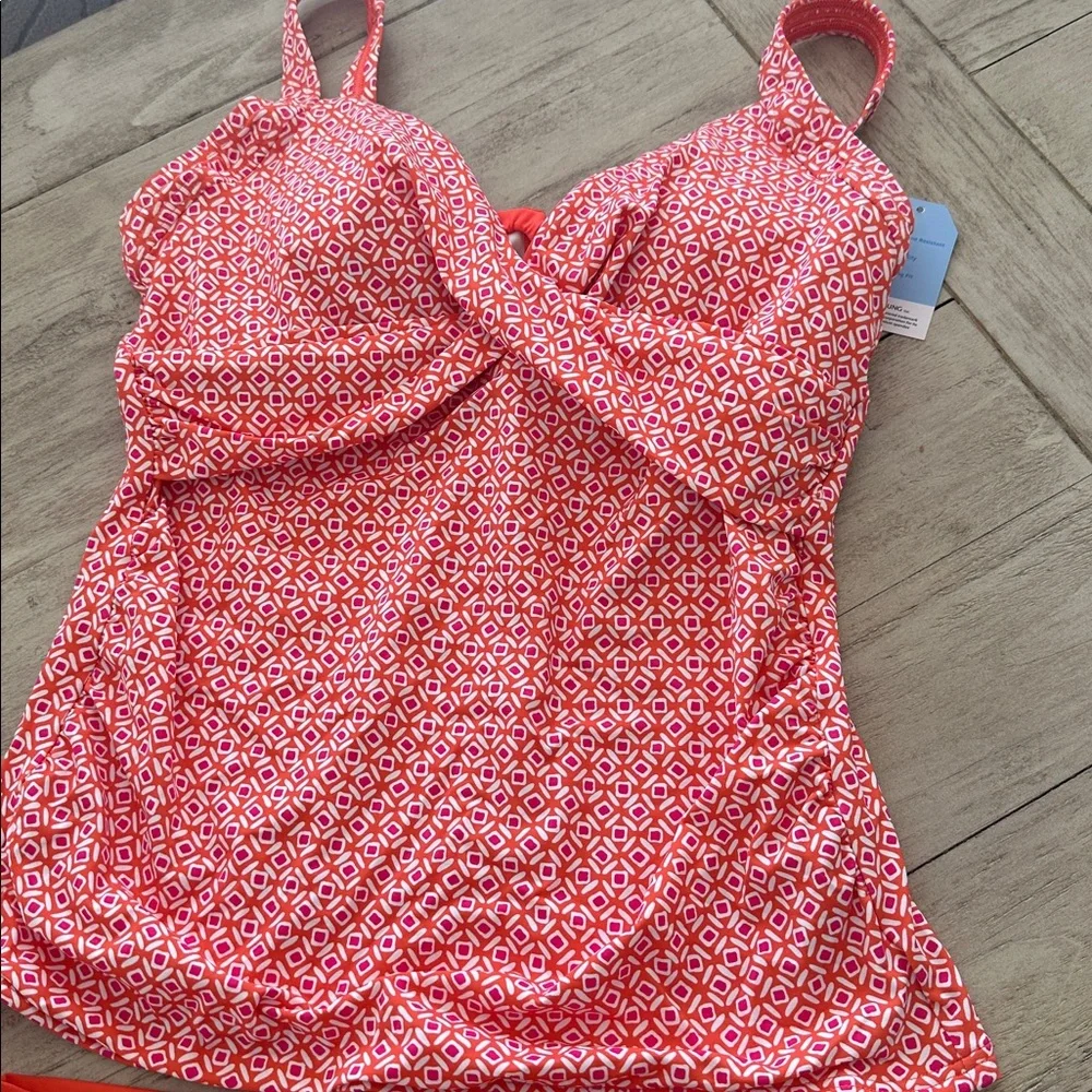 Lands' End Women's Striped Square Neck Tankini Top Orange/White/Coral Pink 6D/8