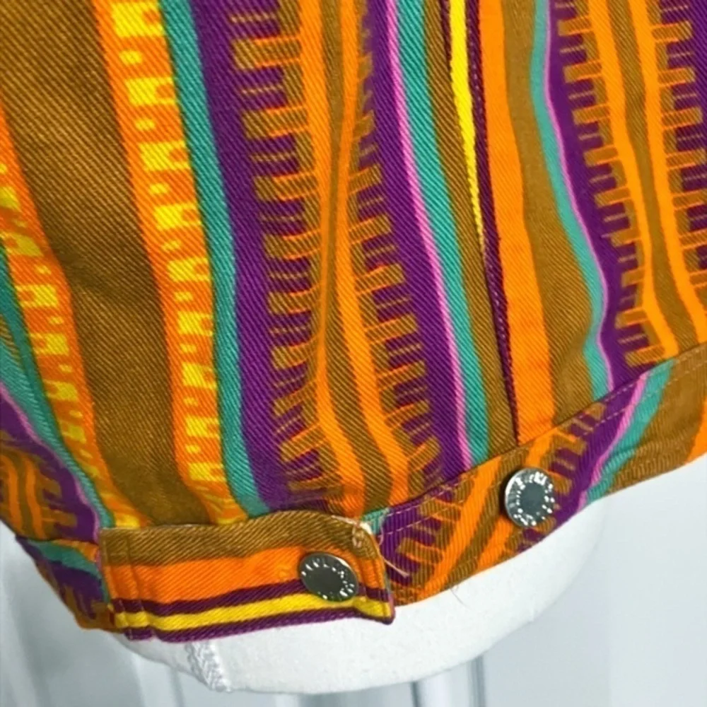 Live‎ in Color 1990’s Multicolored Stripe Aztec Sleeveless Jean Jacket w/ Hoodie