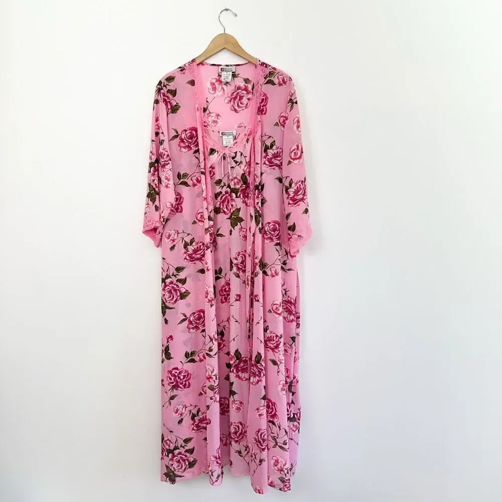 Woman Within Vintage Y2K 2 Piece Rose Printed Pink Lace Trim Slip Dress Robe Int