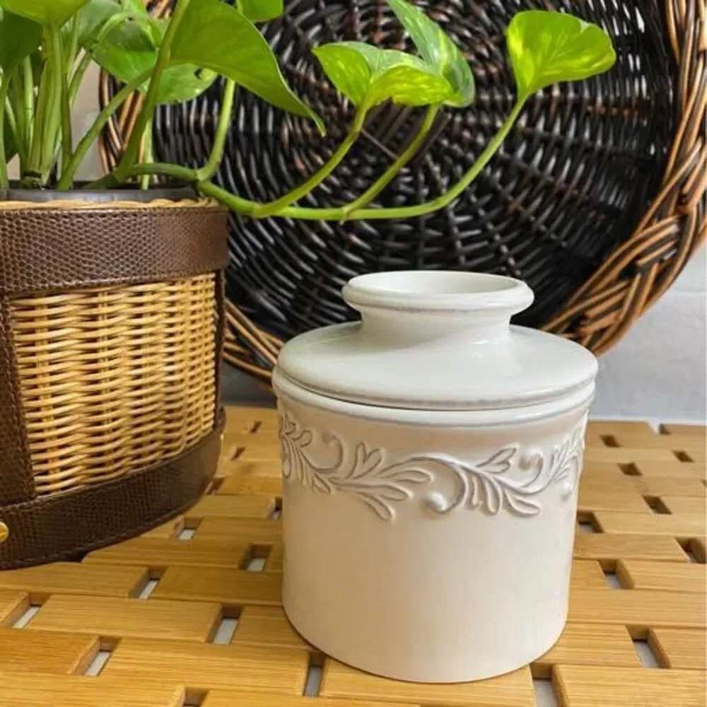 French Ceramic Butter Dish, White Linen Ceramic Butter Bell