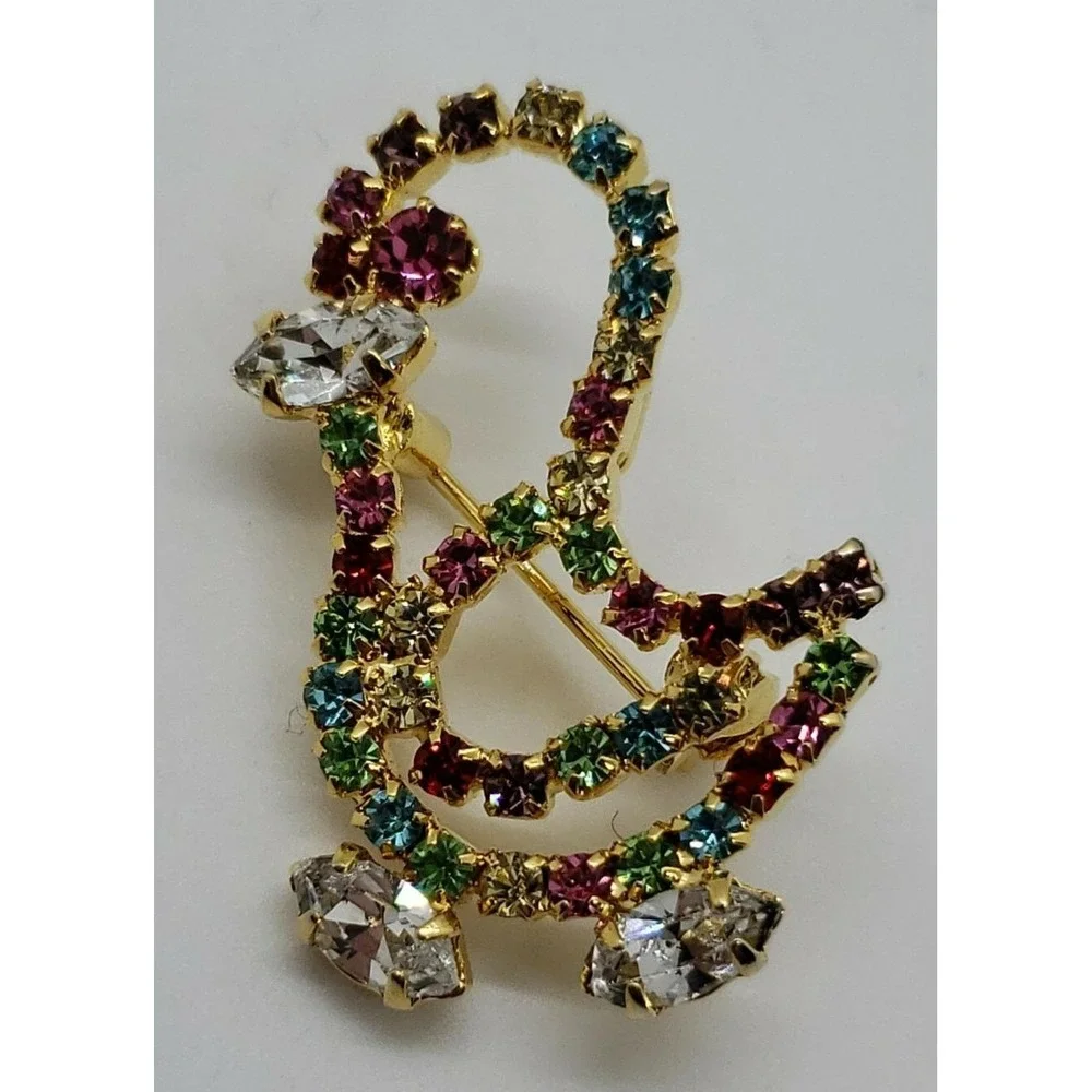 Vintage colorful rhinestone spring‎ springtime chick duck bird brooch pin