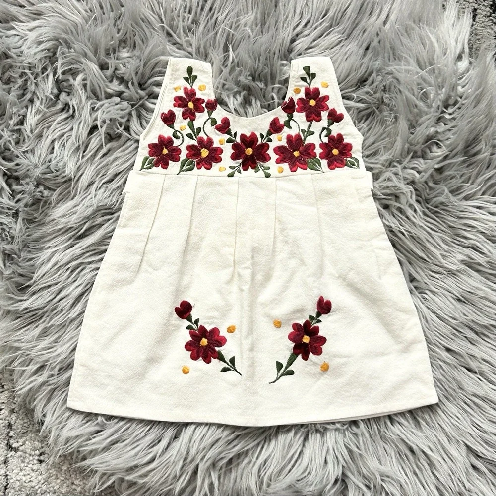 Handmade Girls White Cotton Dress With Beautifully Embroidered Red Flowers SZ NB