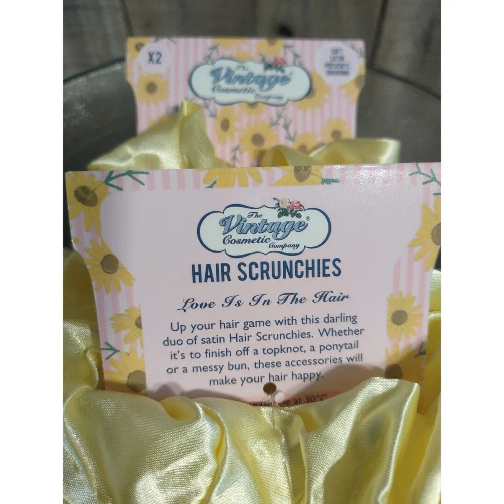 The Vintage Cosmetic Company Yellow Satin Hair‎ Scrunchies 2-Pack NEW (4 Total)