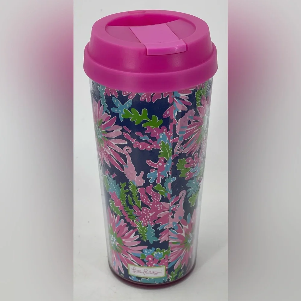 Lilly Pulitzer Insulted Plastic Travel Tumbler Hot or Cold Coffee Cup 16 Oz Pink
