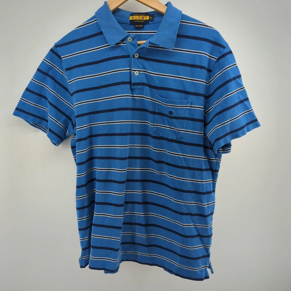 Ralph Lauren Rugby Polo‎ Shirt Men's XL Multicolor Stripe Pony Blue White Preppy