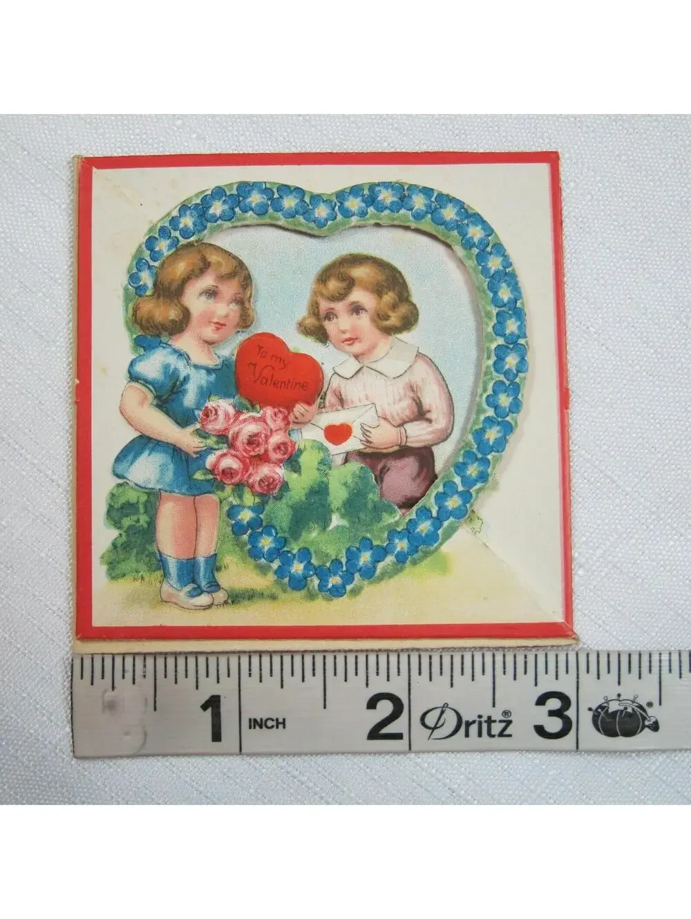 Vintage Valentine Card 1929 Fold Out Country Boy & Girl w/ Flowers Heart Germany