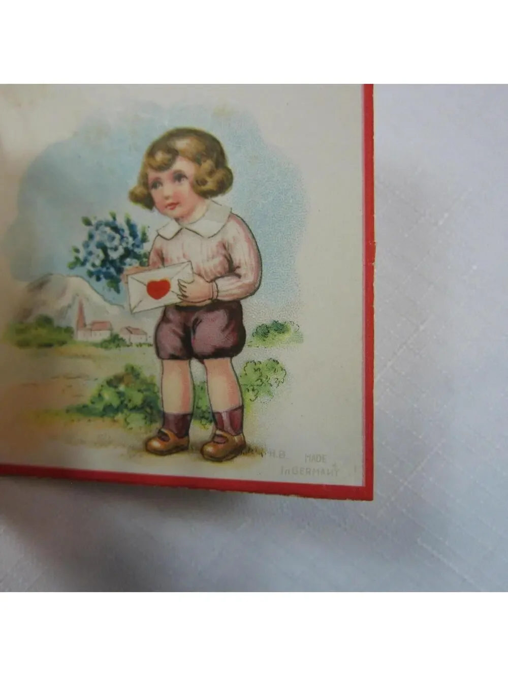 Vintage Valentine Card 1929 Fold Out Country Boy & Girl w/ Flowers Heart Germany
