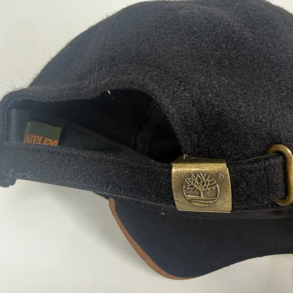 Timberland Baseball Cap Wool Leather Brim Black Strapback Logo Casual Outdoor OS