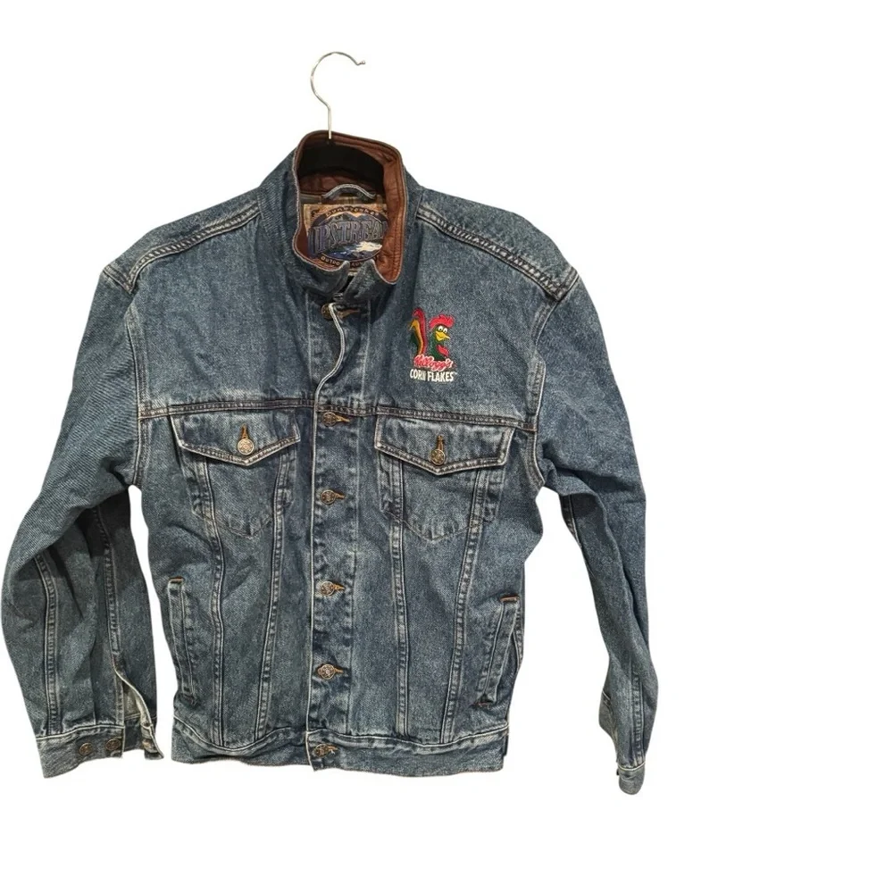 Vintage 90s Kellogg’s Corn Flakes Embroidered Denim Jacket Leather Collar Size S
