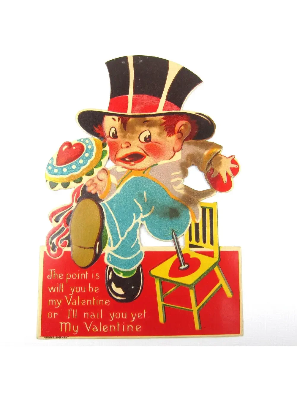 Antique Valentine Card Comical Boy Thumb Tack Chair Pun LARGE Die Cut Stand Up