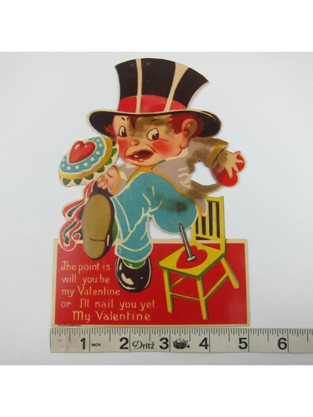 Antique Valentine Card Comical Boy Thumb Tack Chair Pun LARGE Die Cut Stand Up