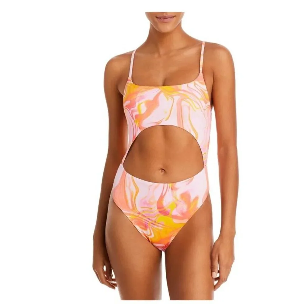 Aqua Womens Cutout One-Piece Swimsuit Pink/Orange Marble Print S NWT $98