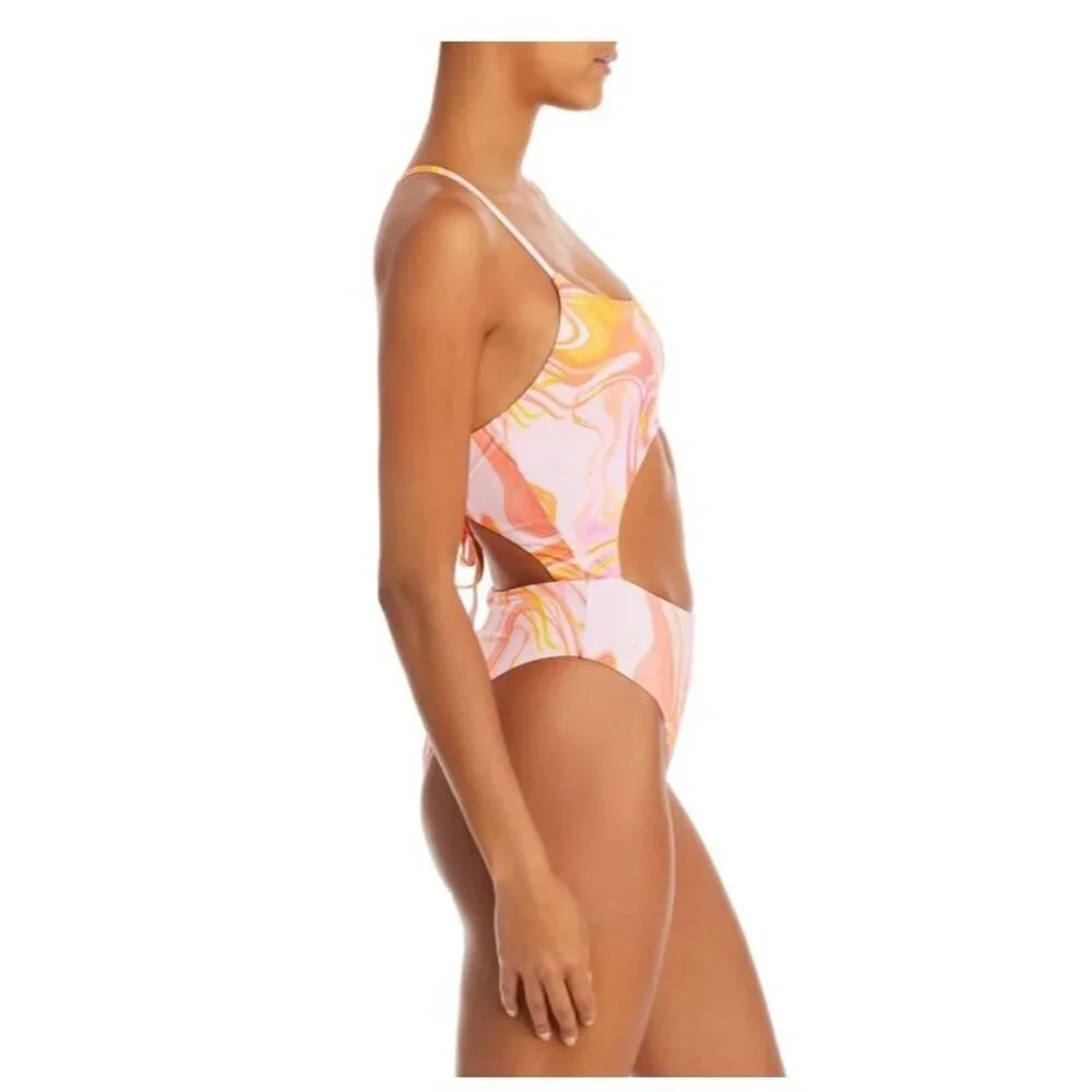 Aqua Womens Cutout One-Piece Swimsuit Pink/Orange Marble Print S NWT $98