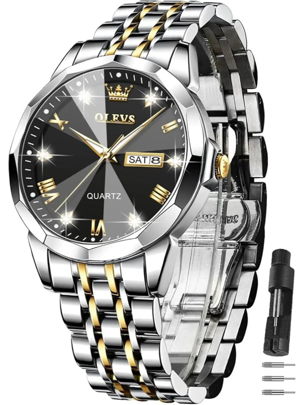 Men Black Silver Diamond Analog Stainless Steel Band Roman Numbers Classic Watch