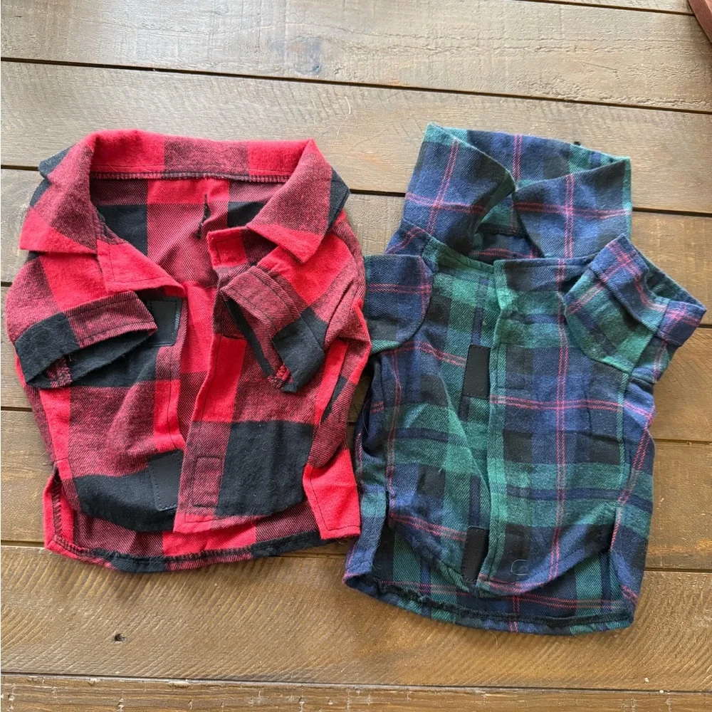 Set of 2 Pet Plaid Flannel Shirt - Red & Green - Size Small