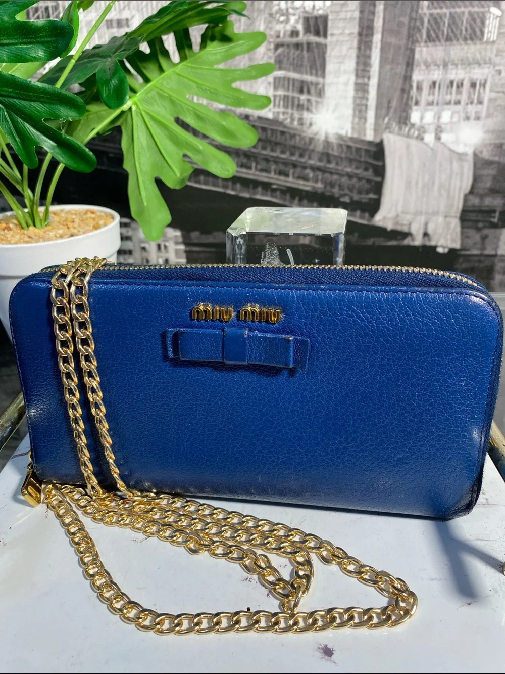 Authentic Miu Miu Royal Blue Leather Bow Long Wallet
