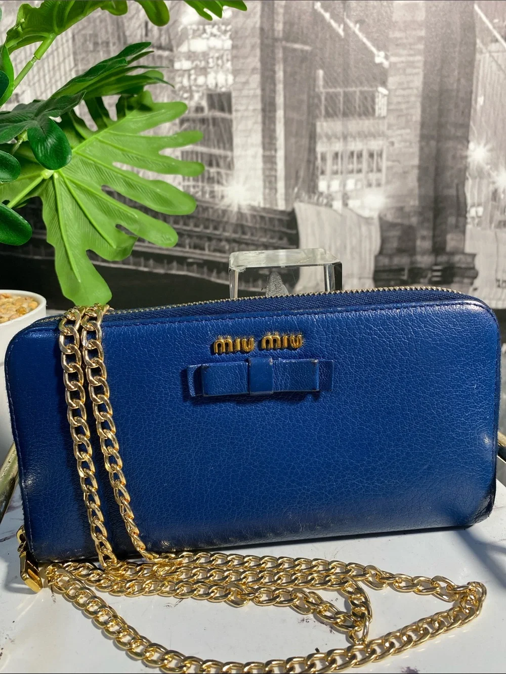 Authentic Miu Miu Royal Blue Leather Bow Long Wallet