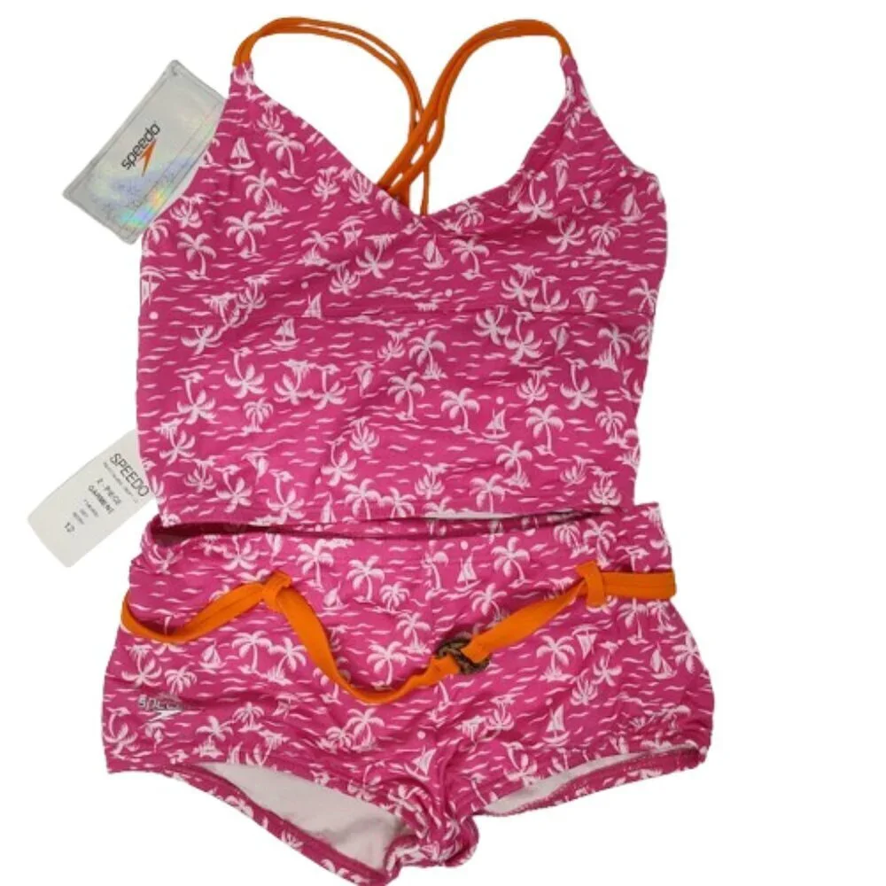 Speedo Tropical Breeze Girls Swimsuit 2 Piece Size 12 NWT Pink with White Palm