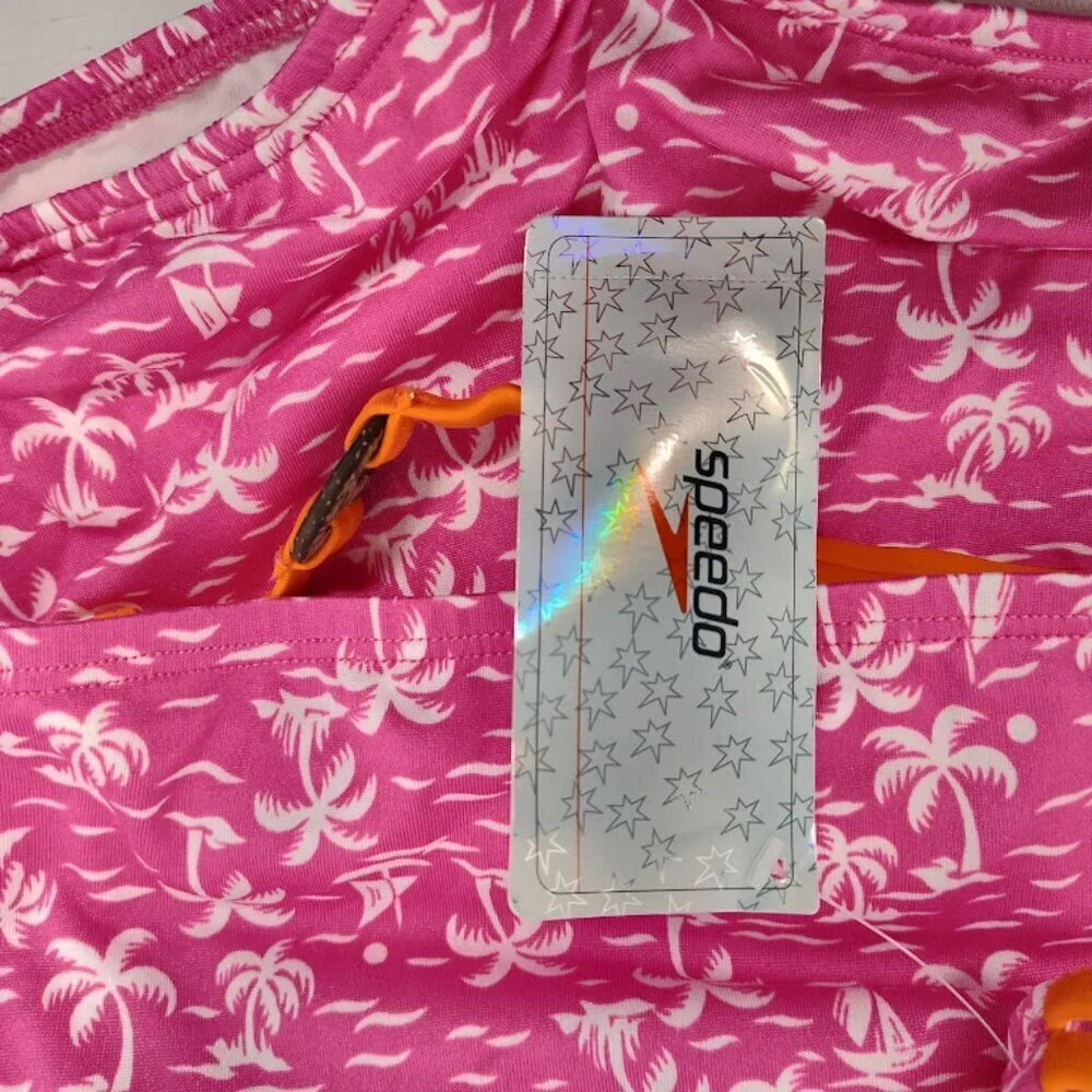 Speedo Tropical Breeze Girls Swimsuit 2 Piece Size 12 NWT Pink with White Palm
