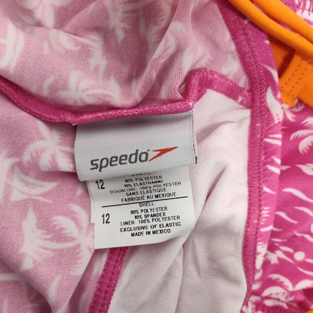 Speedo Tropical Breeze Girls Swimsuit 2 Piece Size 12 NWT Pink with White Palm