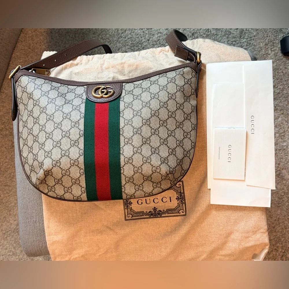 Authentic Gucci Ophidia GG Supreme Shoulder Bag Web Stripe Crossbody Brown