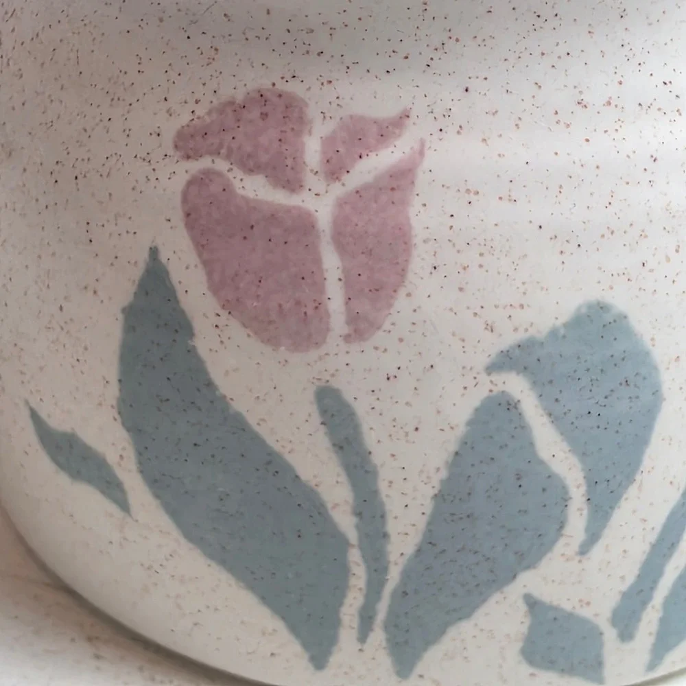 Vintage Ceramic Canister Jar Lid Pink Blue Tulips‎ Floral Design Kitchen Storage