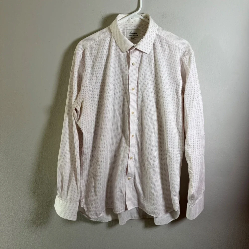 Ted Baker Endurance Mens 16.5 Classic Fit White Red Micro Dot Cotton Dress Shirt