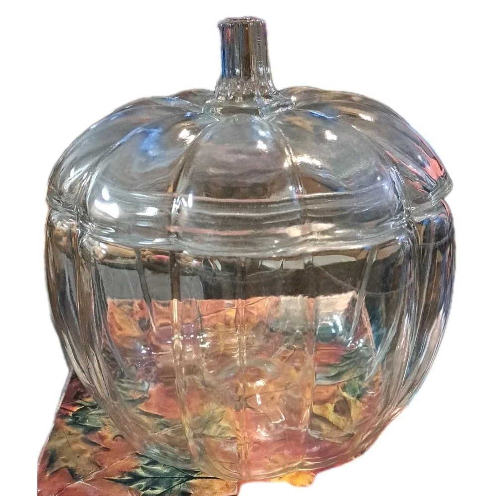 ANCHOR HOCKING Vintage Clear Glass Pumpkin Jar Lid Cookie Candy Jar Canister