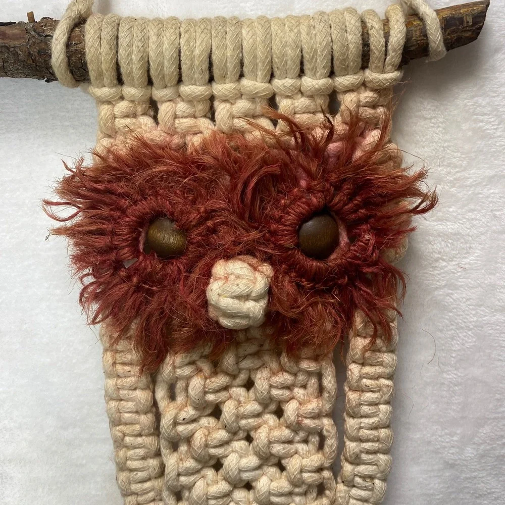 VTG 70s Boho Macrame Jute Owl Wood Wall Hanging Woven Driftwood Rustic Farmhouse