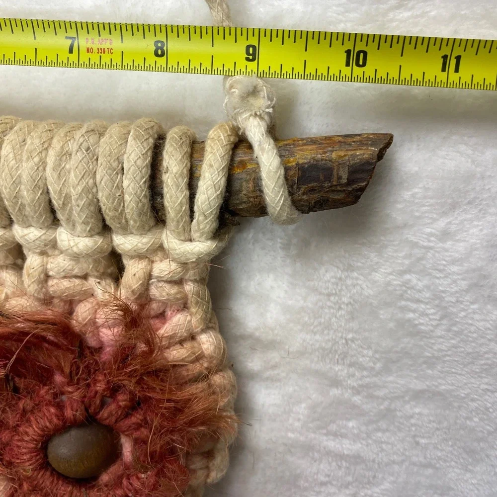 VTG 70s Boho Macrame Jute Owl Wood Wall Hanging Woven Driftwood Rustic Farmhouse