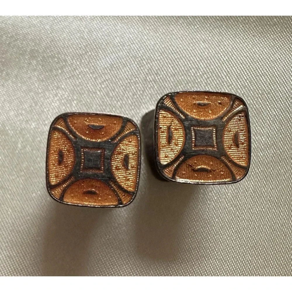 Art Deco Kum A Part Cufflinks Silver W/ Peach Orange Enamel‎