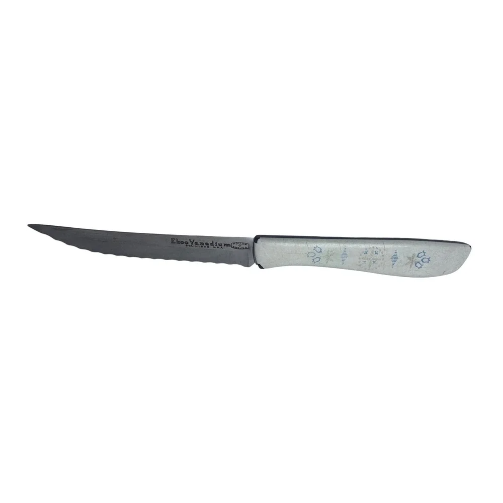 Vintage Ekco Vanadium Stainless USA Serrated‎ Steak Knife White Patterned Handle