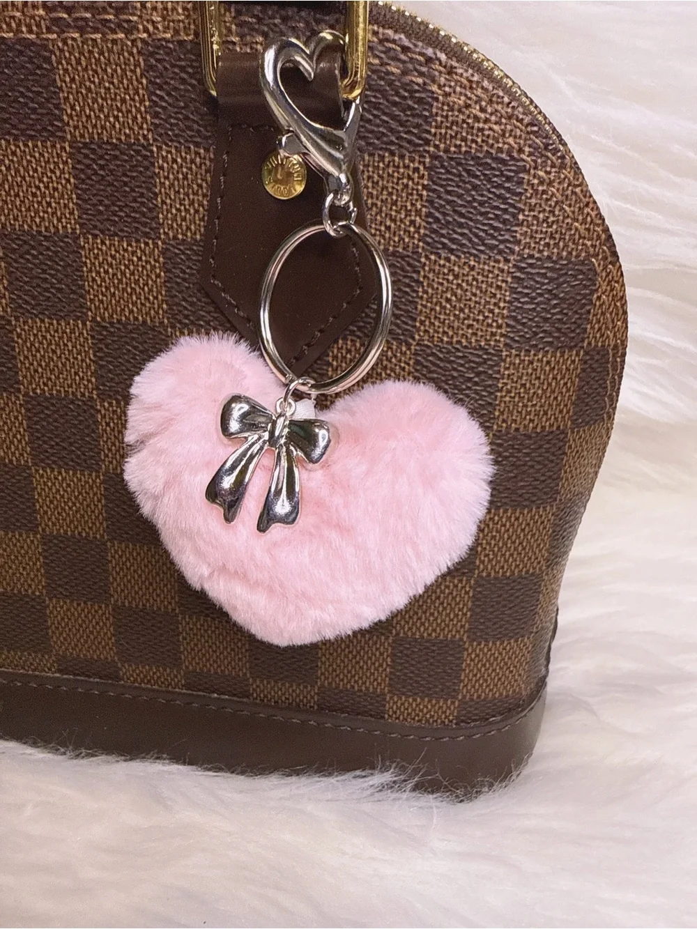 Pink Heart Fur Keychain with Silver Bow Charm